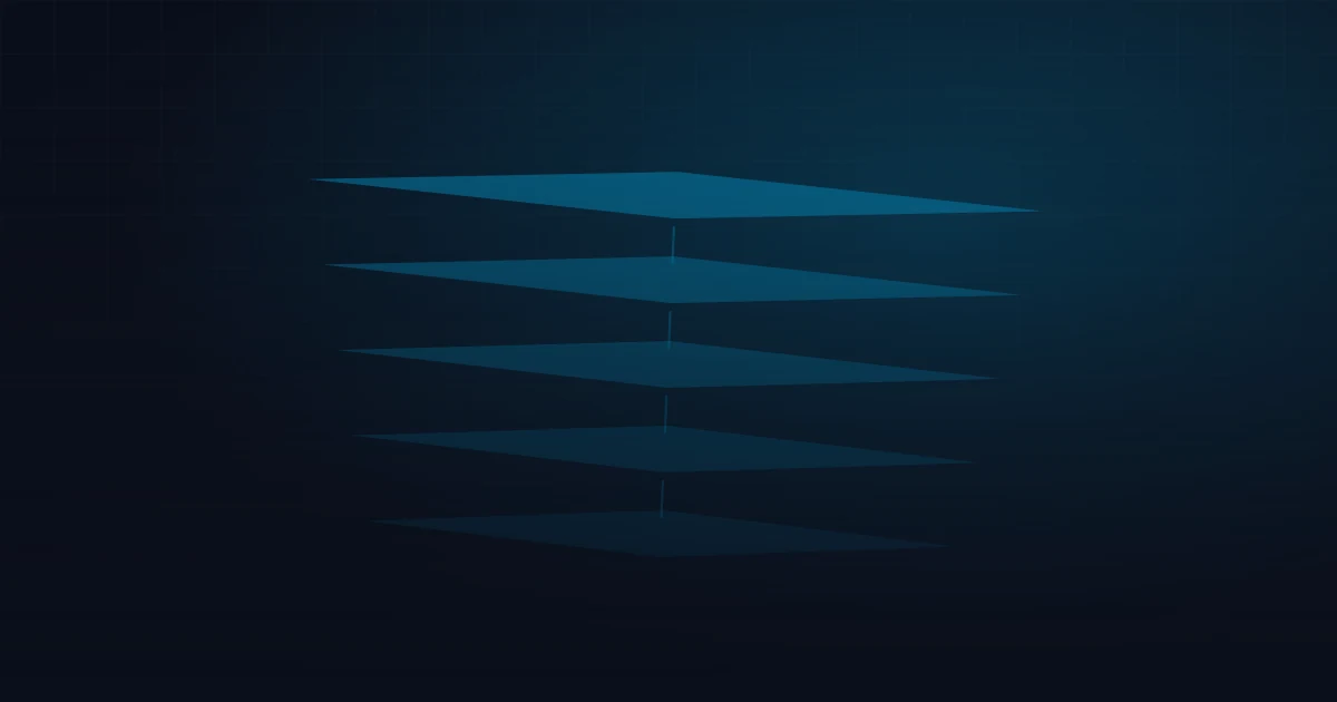 Ilustración abstracta de capas de datos apiladas en azul sobre fondo oscuro, alusiva a la arquitectura de Snowflake