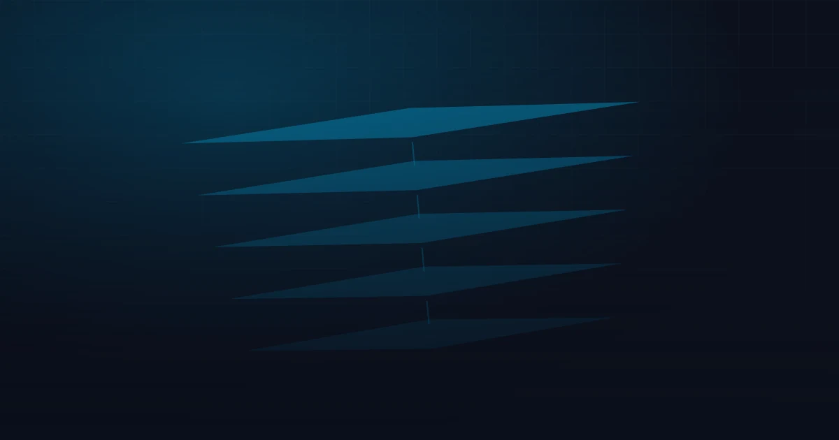 Cinco capas planas apiladas en perspectiva, en azul sobre fondo oscuro, evocando datos crudos que se ordenan en un modelo
