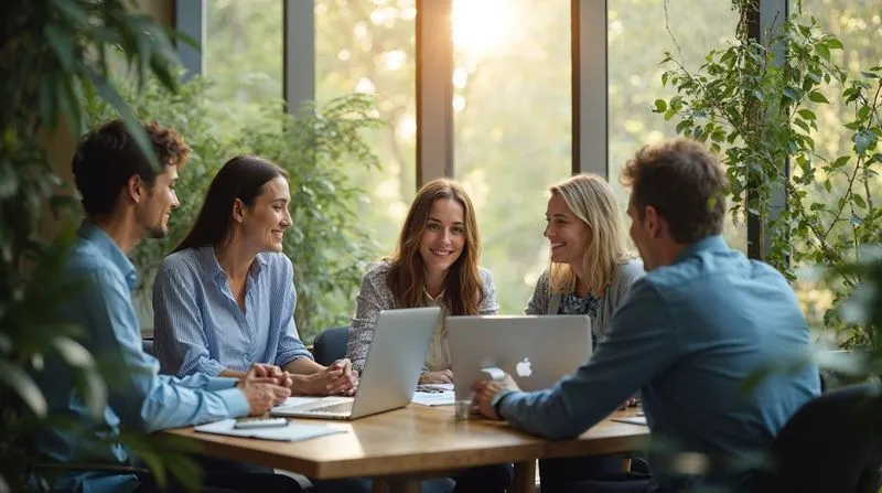 Equipo de EGOS BI colaborando con cliente en oficina moderna