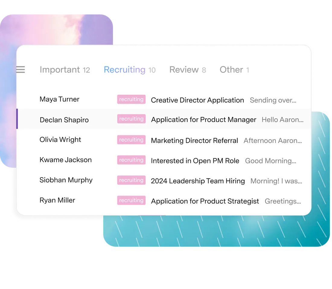 Split Inbox de Superhuman Mail con pestañas Important, Recruiting y Review