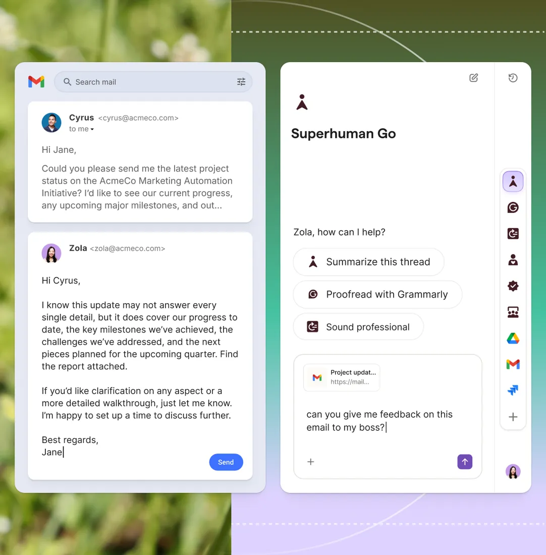 Superhuman Go abierto junto a Gmail ofreciendo resumir el hilo