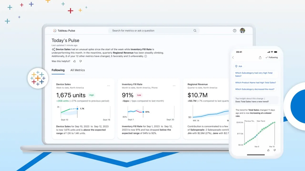 Video demo oficial de Tableau Pulse con métricas e insights automáticos